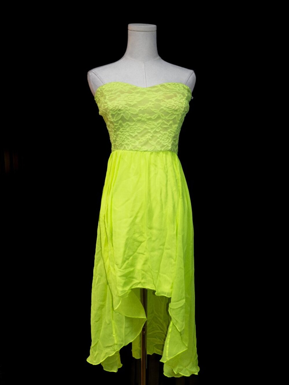 Neon Yellow Strapless Lace Bodice High Low Midi Dress